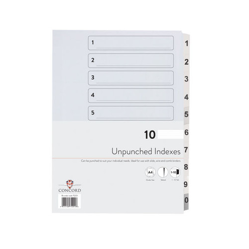 Concord Unpunched Index 1-10 A4 160gsm White (Pack of 10) 75201 Concord Unpunched Index 1-10 A4 160gsm White (Pack of 10) 75201