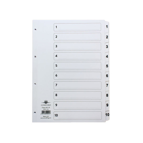 Concord Classic Index 1-10 A4 White Board Clear Mylar Tabs 00901/CS9