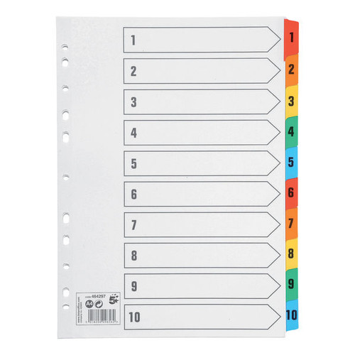 5 Star Office Index 1-10 Multipunched Mylar-reinforced Multicolour-Tabs 150gsm A4  White
