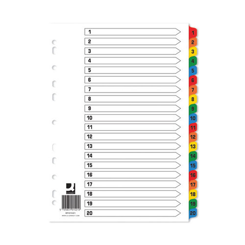 Q-Connect Index 1-20 Board Reinforced Multicoloured (10 Pack)