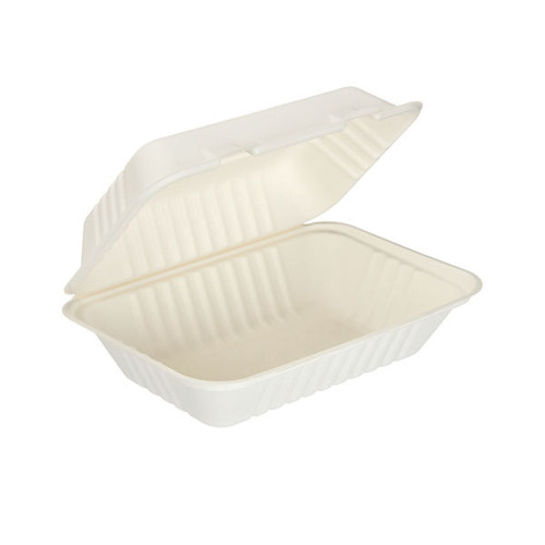 Go-Pak Bagasse Clamshell Meal Box Large 9x6 Inch White (Pack of 250) D06003