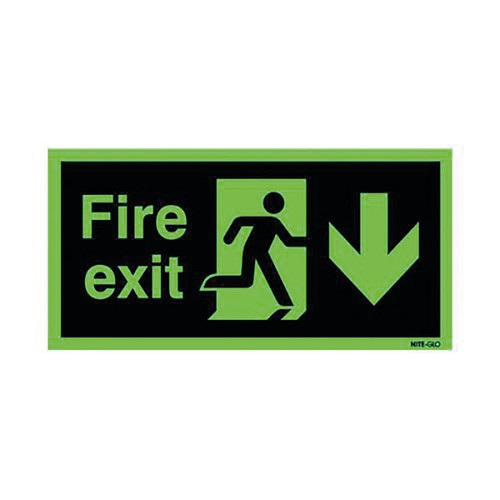 Safety Sign Niteglo Fire Exit Running Man Arrow Down Self-Adhesive 150x450mm NG28A/S Safety Sign Niteglo Fire Exit Running Man Arrow Down Self-Adhesive 150x450mm NG28A/S