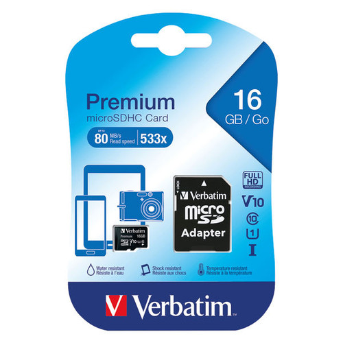 Verbatim MicroSDHC Memory Card Class 10 16GB With Adaptor 44082
