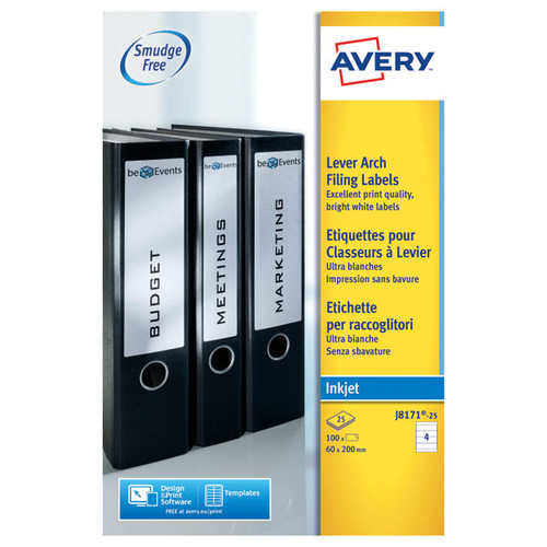 Avery Inkjet L/Arch Filing Labels 4 Per Sheet Wht (Pack of 100) J8171-25
