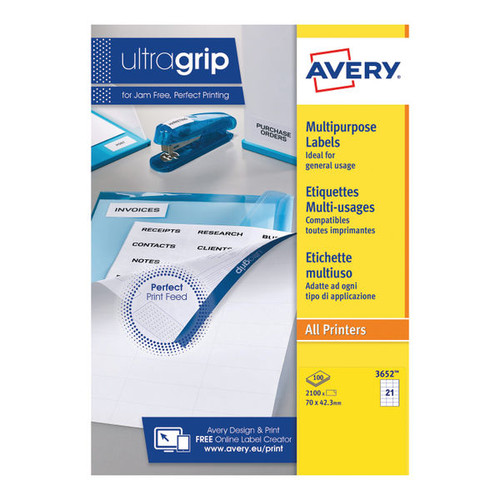 Avery Ultragrip Multipurpose Labels 70x42.3mm 21 Per Sheet White (Pack of 2100) 3652