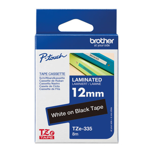 Brother P-Touch TZe Lam Tape Cassette 12mm x 8m White on Black Tape TZE335