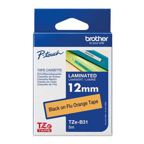 Brother P-Touch TZe Lam Tape Cassette 12mm x 8m Black on Fluorescent Orange Tape TZEB31