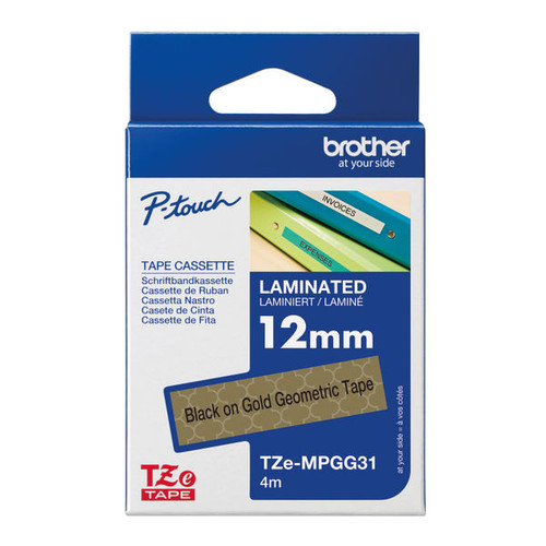 Brother P-Touch TZe Lam Tape Cassette 12mm x 4m Black On Gold Pattern TZEMPGG31