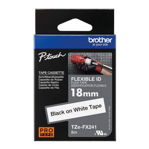 Brother P-Touch TZe Lam Tape Cassette 18mmx8m Black/White Flexible ID Labelling Tape TZE-FX241