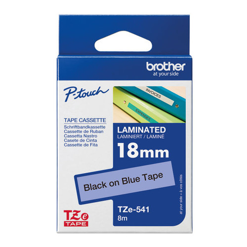 Brother P-Touch TZe Laminated Tape Cassette 18mm x 8m Black on Blue Tape TZE541