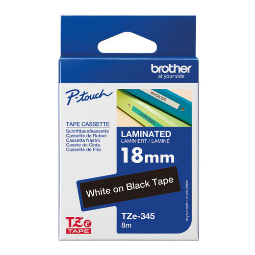 Brother P-Touch TZe Lam Tape Cassette 18mm x 8m White on Black Tape TZE345