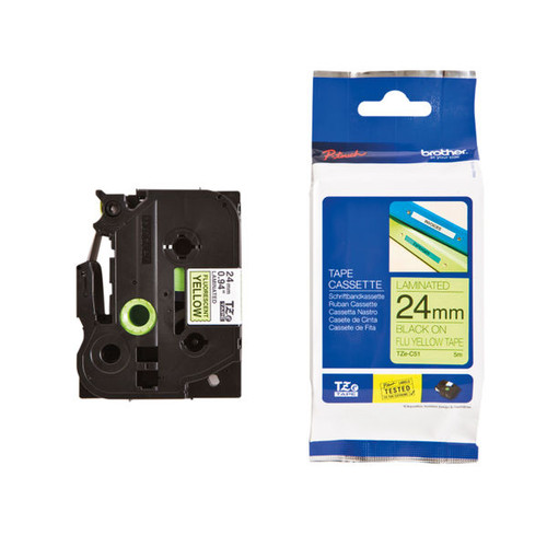 Brother P-Touch TZe Lam Tape Cassette 24mm x 8m Black on Fluorescent Yellow Tape TZEC51