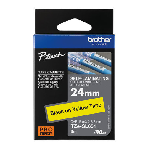 Brother P-Touch TZe Self-Laminating Tape Cassette 24mm x 8m Black on Yellow Tape TZE-SL651
