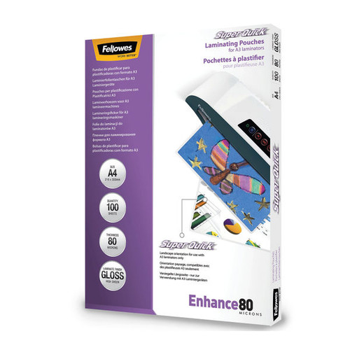 Fellowes SuperQuick Laminating Pouch A4 160 Micron Total Thickness Gloss (Pack of 100) 5440001