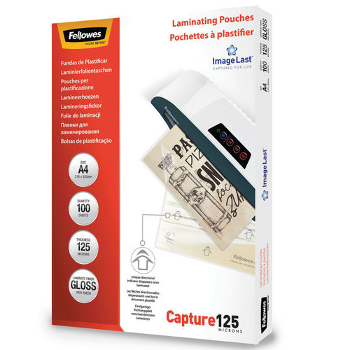 Fellowes Capture125 Laminating Pouch A4 250 Micron Total Thickness Gloss (Pack of 100) 5307401