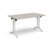 Rectangular folding leg table with white legs and curved foot rails 1400mm x 800mm - Light Grey