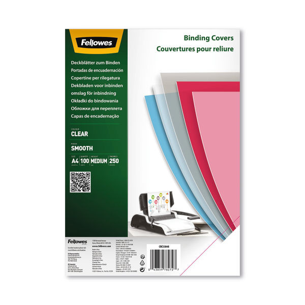 Fellowes Binding Covers for Comb/Wire Binding Machines A4 250 Micron Clear PET (Pack of 100) 5384801