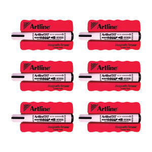 Artline Grooved Magentic Eraser Red with Artline Eco-Green Whiteboard Marker Black (Pack of 6) ERT-M