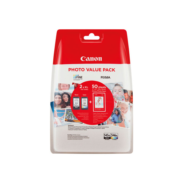 Canon PG-545XL/CL-546XL Ink Cartridges High Yield K/CMY + 4 x 6 in Photo Paper Value Pack 8286B011