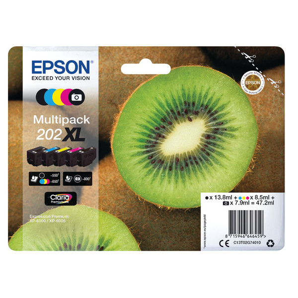 Epson 202XL Kiwi Claria Premium Ink Cartridge High Yield CMYK/Photo Black Multipack C13T02G74010