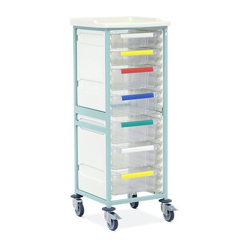 Caretray Trolley - Mild Steel, High Level, Single Column  2 x 100mm, 5 x 150mm Trays