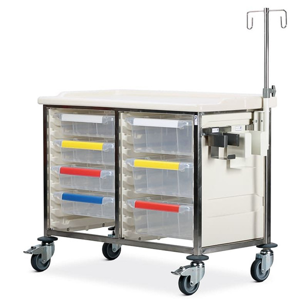 Caretray Trolley - Stainless Steel, Low Level, Double Column  4 x 100mm Trays, 3 x 150mm Trays