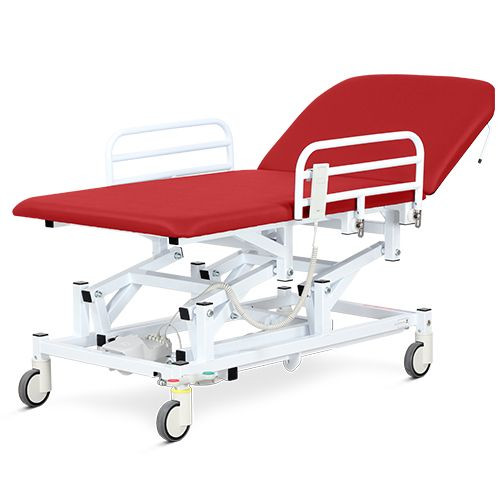 Examination & Treatment Couch, Two Section, Mobile, Bariatric, Electric with Electric Backrest, Foot Switch, Flame Red
