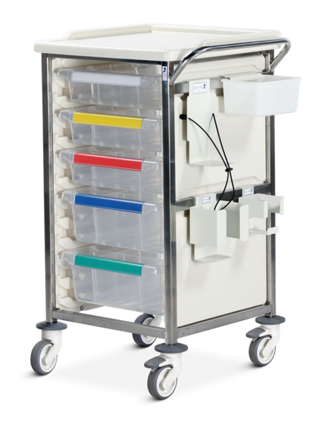 Caretray Trolley - Phlebotomy,  Mild Steel, 3 x 100mm, 2 x 150mm Trays, No Door
