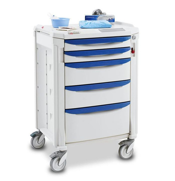 Procedure Carts - Emergency Cart - Treatment Cart - 2 x 76mm, 2 x 152mm, 1 x 229mm Drawers, Slate Blue Handles, CAM Lock