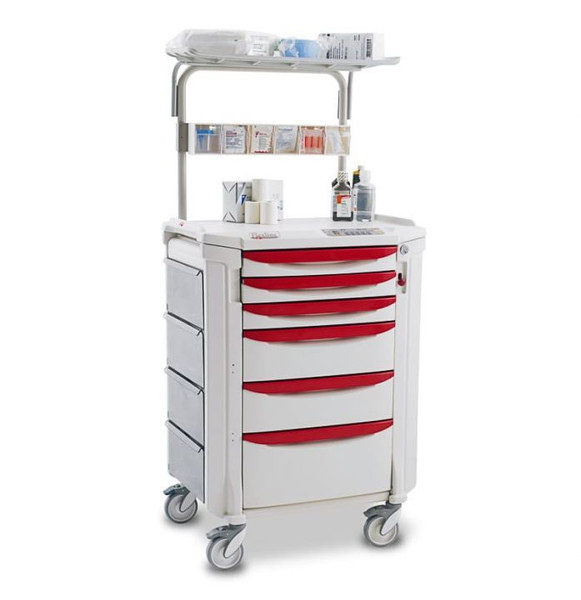 Procedure Carts - Central Line Cart - Critical Care Cart - 3 x 76mm, 2 x 152mm, 1 x229mm Drawers, Red Handles, Keyless Entry Touch Pad