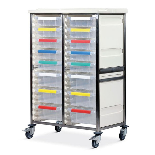 CARETRAY TROLLEY - STAINLESS STEEL - DOUBLE COLUMN - 1400MM HIGH - 4 X 100MM & 10 X 150MM TRAYS