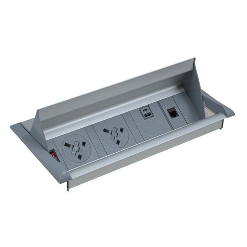 Aero flip top in-table power module x UK sockets, 1 x RJ45 socket, 1 x twin USB fast charge - grey/silver