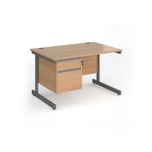 Contract 25 straight desk with 2 drawer pedestal and graphite cantilever leg 1200mm x 800mm - beech top
