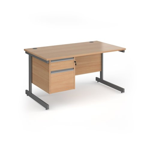 Contract 25 straight desk with 2 drawer pedestal and graphite cantilever leg 1400mm x 800mm - beech top
