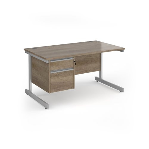 Contract 25 straight desk with 2 drawer pedestal and silver cantilever leg 1400mm x 800mm - nebraska oak top