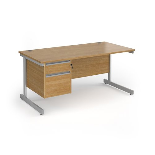 Contract 25 straight desk with 2 drawer pedestal and silver cantilever leg 1600mm x 800mm - oak top