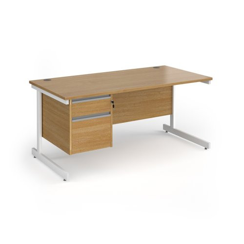 Contract 25 straight desk with 2 drawer pedestal and white cantilever leg 1600mm x 800mm - oak top