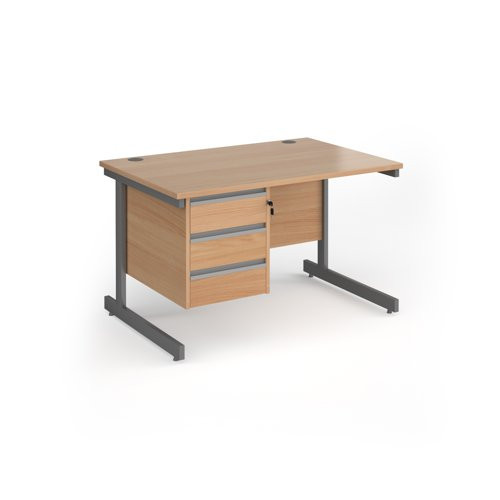 Contract 25 straight desk with 3 drawer pedestal and graphite cantilever leg 1200mm x 800mm - beech top