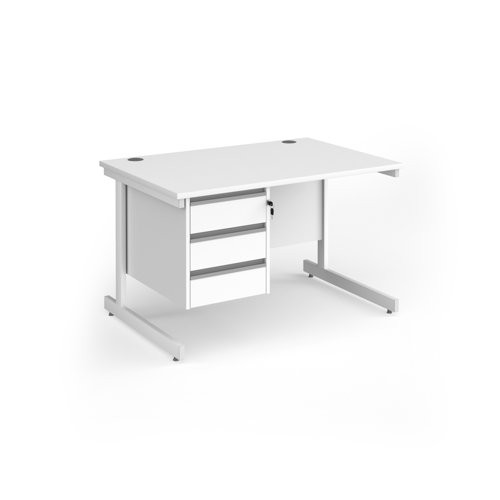 Contract 25 straight desk with 3 drawer pedestal and white cantilever leg 1200mm x 800mm - white top