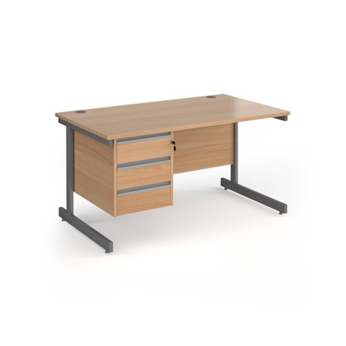 Contract 25 straight desk with 3 drawer pedestal and graphite cantilever leg 1400mm x 800mm - beech top
