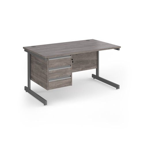 Contract 25 straight desk with 3 drawer pedestal and graphite cantilever leg 1400mm x 800mm - grey oak top