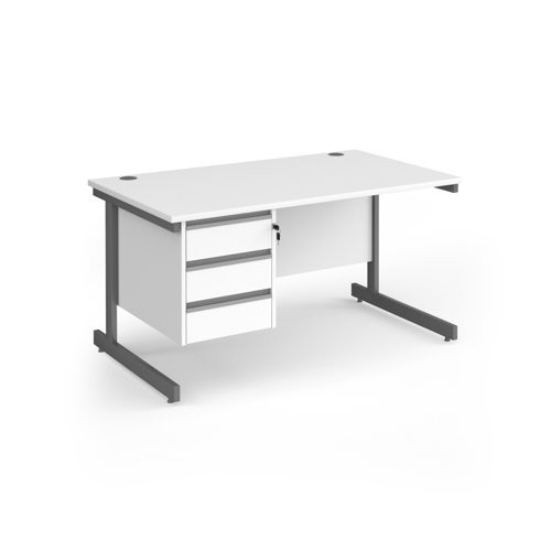 Contract 25 straight desk with 3 drawer pedestal and graphite cantilever leg 1400mm x 800mm - white top