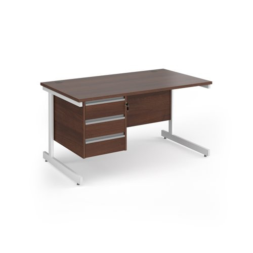 Contract 25 straight desk with 3 drawer pedestal and white cantilever leg 1400mm x 800mm - walnut top