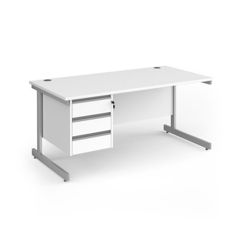 Contract 25 straight desk with 3 drawer pedestal and silver cantilever leg 1600mm x 800mm - white top