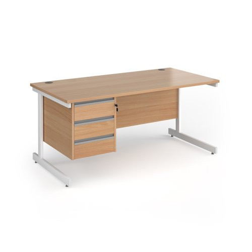 Contract 25 straight desk with 3 drawer pedestal and white cantilever leg 1600mm x 800mm - beech top