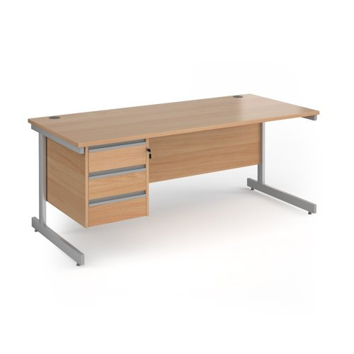 Contract 25 straight desk with 3 drawer pedestal and silver cantilever leg 1800mm x 800mm - beech top