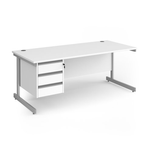 Contract 25 straight desk with 3 drawer pedestal and silver cantilever leg 1800mm x 800mm - white top