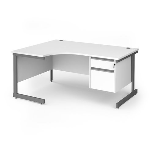 Contract 25 left hand ergonomic desk with 2 drawer pedestal and graphite cantilever leg 1600mm - white top