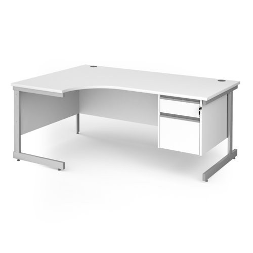 Contract 25 left hand ergonomic desk with 2 drawer pedestal and silver cantilever leg 1800mm - white top