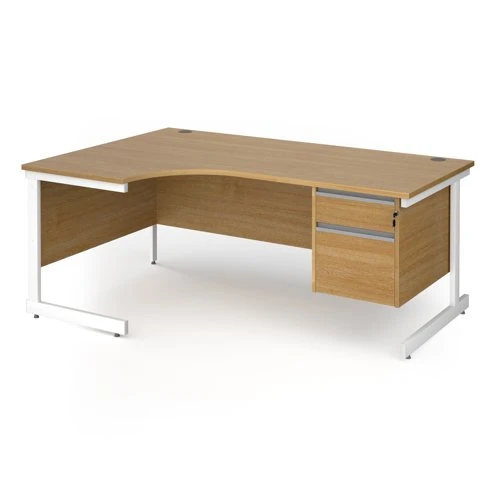 Contract 25 left hand ergonomic desk with 2 drawer pedestal and white cantilever leg 1800mm - oak top